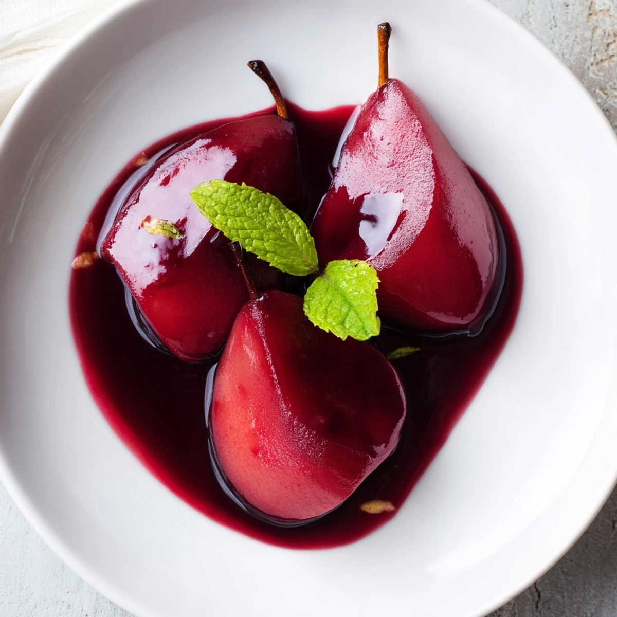 A close-up of poached pears in grape juice, drizzled with cinnamon-infused syrup and a scoop of vanilla ice cream.
