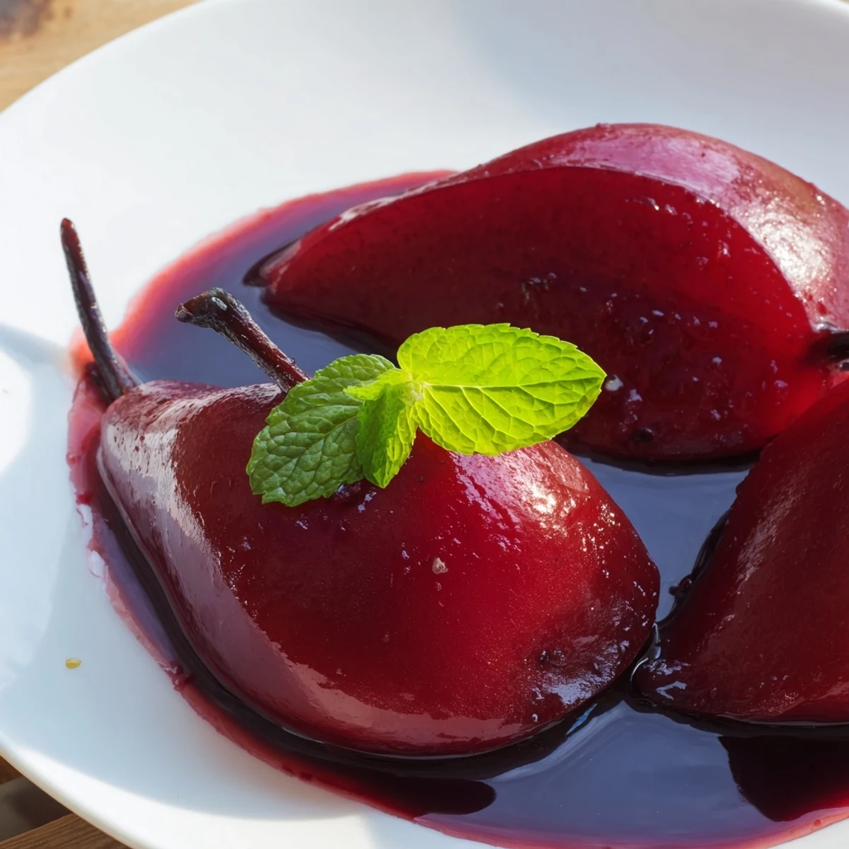 Tender poached pears in grape juice served chilled with a dollop of whipped cream, highlighting their elegant shape.  