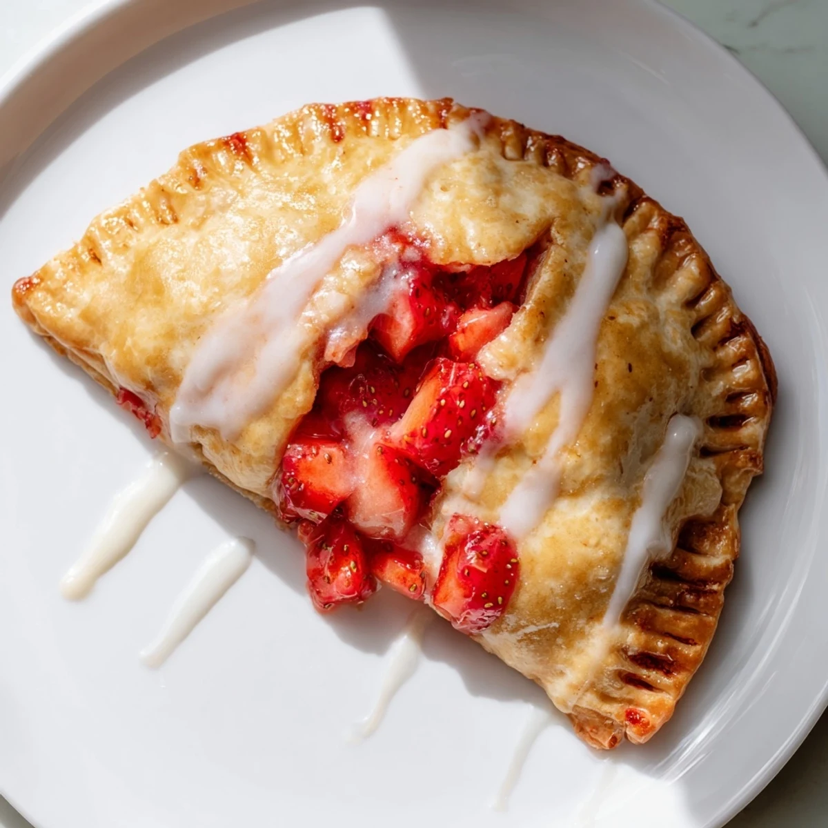 Golden-brown Strawberry Hand Pies with Glaze cooling on a wire rack, showing flaky pastry and dripping vanilla icing.  