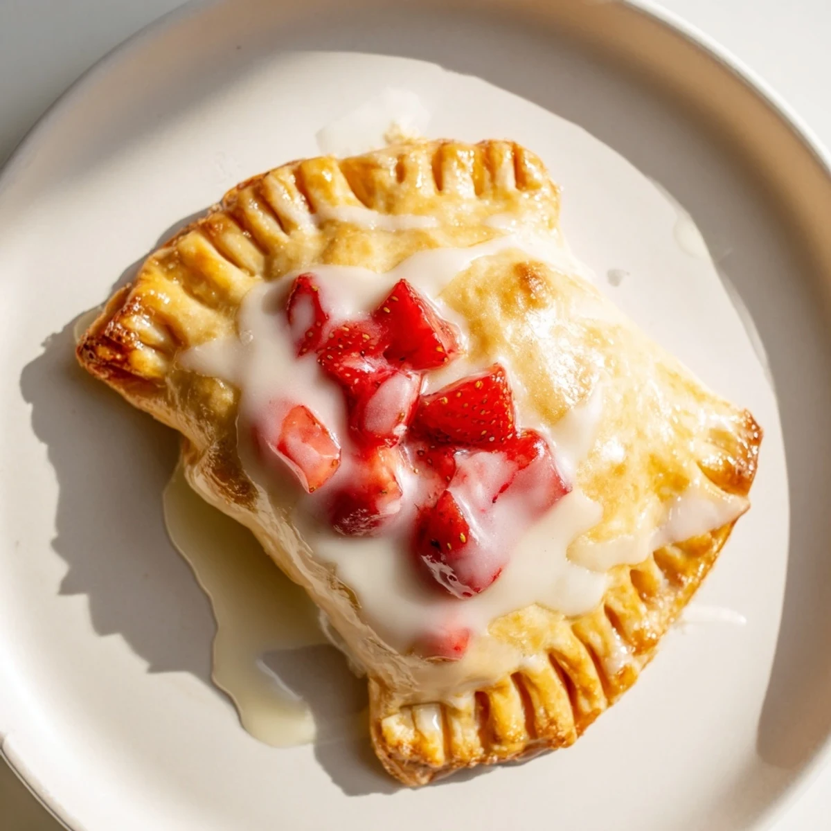 A close-up of one Strawberry Hand Pie with Glaze, revealing a vibrant, bubbling strawberry filling inside the tender crust.  