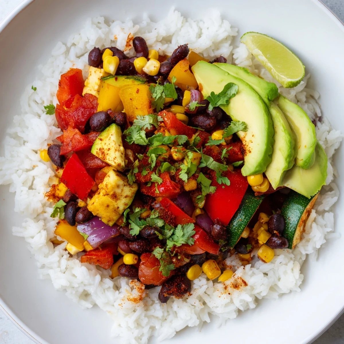 Hearty Veggie Rice Bowl topped with sautéed zucchini, corn, and avocado, offering a warm, smoky Cajun-inspired meal.