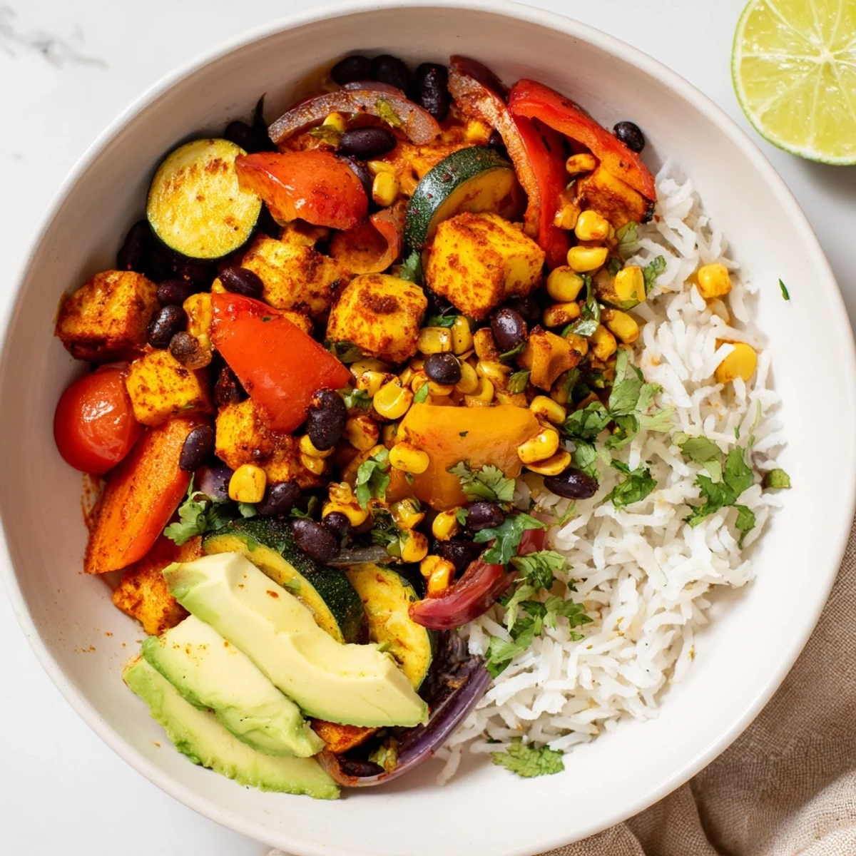 Fluffy rice base for a Veggie Rice Bowl, loaded with seasoned vegetables and lime wedges for a zesty finish.