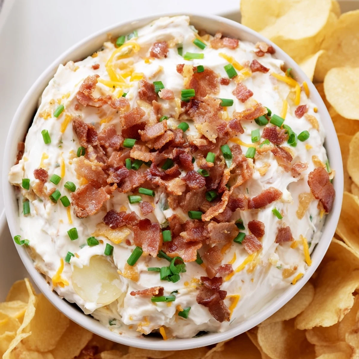 A bowl of creamy Loaded Baked Potato Dip topped with crispy bacon and fresh chives, served with crunchy potato chips for dipping.