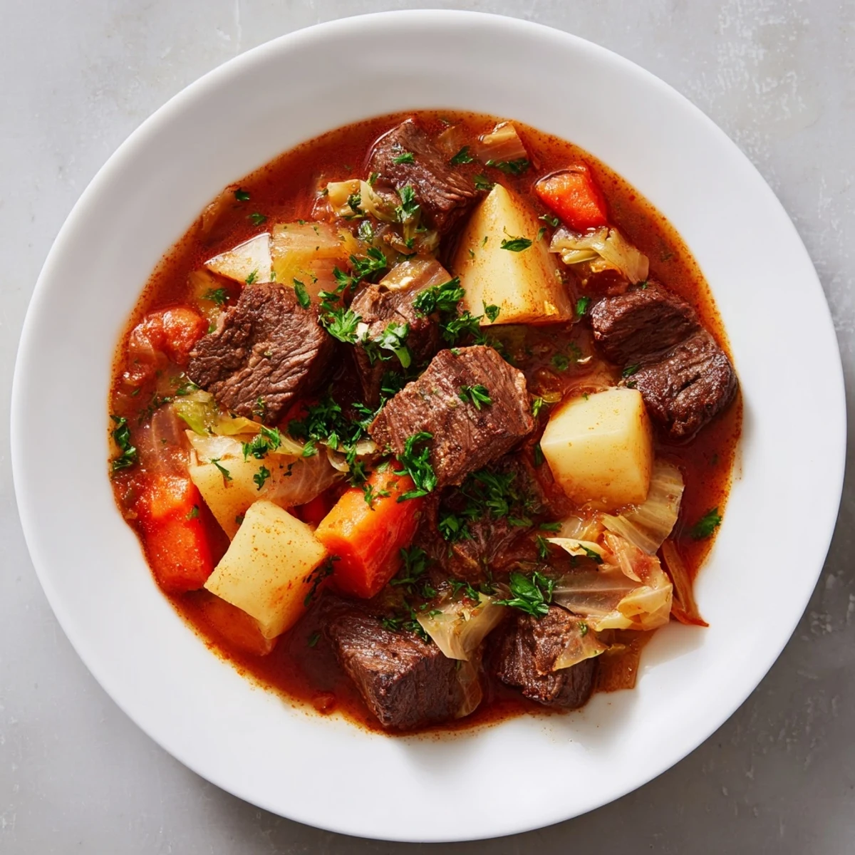A steaming bowl of Cabbage and Beef Soup with Potatoes, featuring tender beef chunks, soft potatoes, and sweet cabbage in a savory tomato broth.
