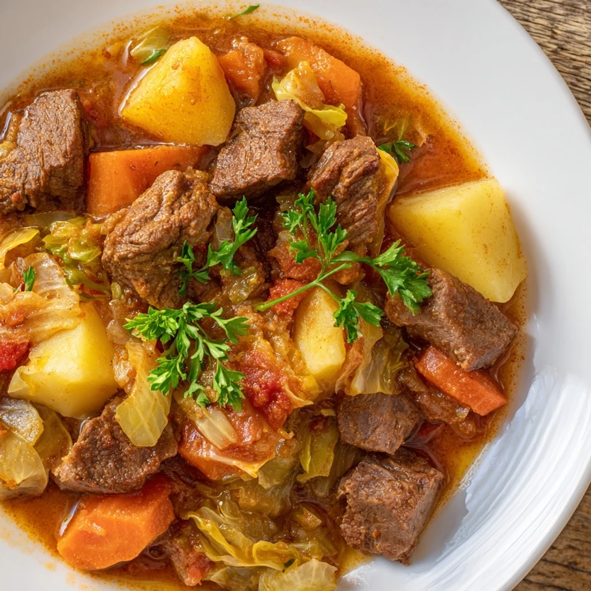 Hearty Cabbage and Beef Soup with Potatoes served in a rustic bowl, garnished with fresh parsley, ready to warm you on a chilly day.