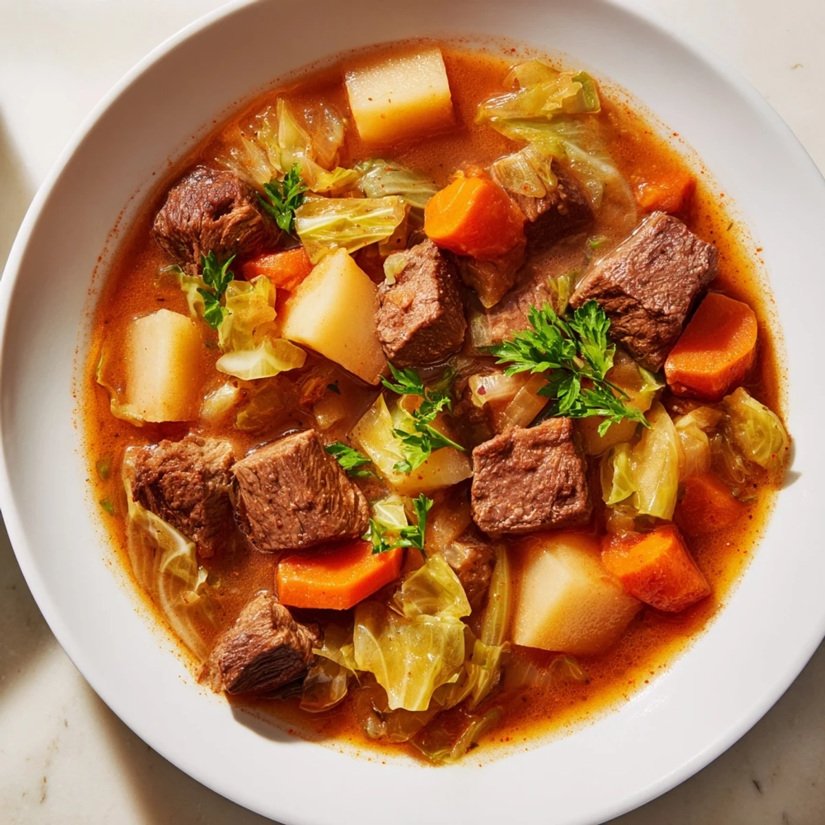 Close-up of Cabbage and Beef Soup with Potatoes, highlighting the rich red broth, diced carrots, and chunks of slow-simmered beef and tender vegetables.