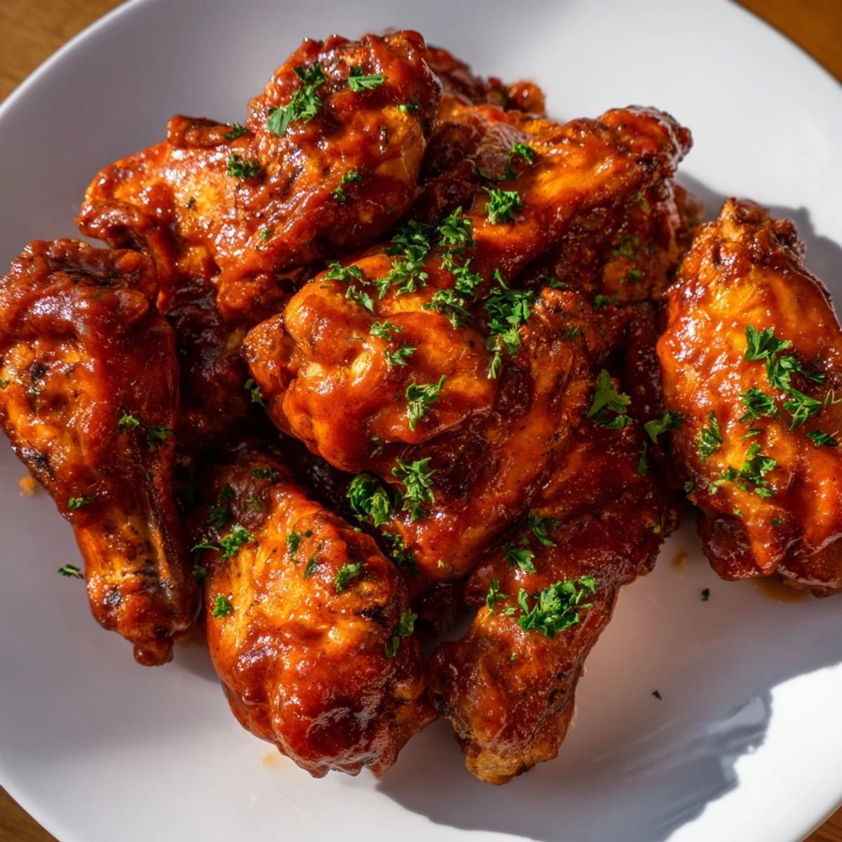 Crispy, oven-baked chicken wing platter glistening with smoky BBQ sauce, garnished with fresh parsley for a game day feast.  