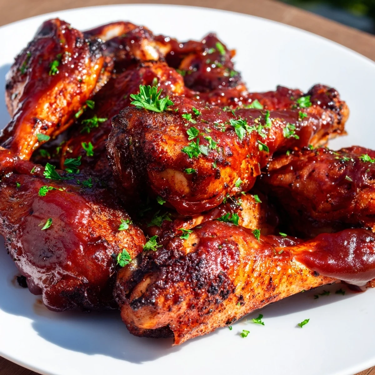 Homemade BBQ chicken wings piled high, showing their sticky glaze and crispy texture on a rustic serving platter.
