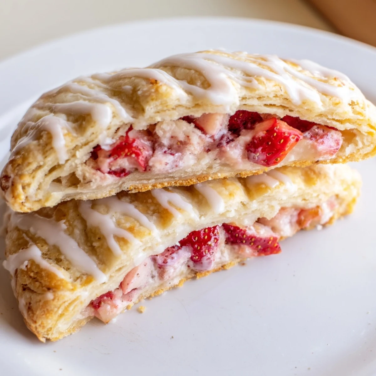 Warm Strawberry Hand Pies with Glaze cool on a wire rack, their golden crusts and glossy vanilla topping perfect for a sweet snack.