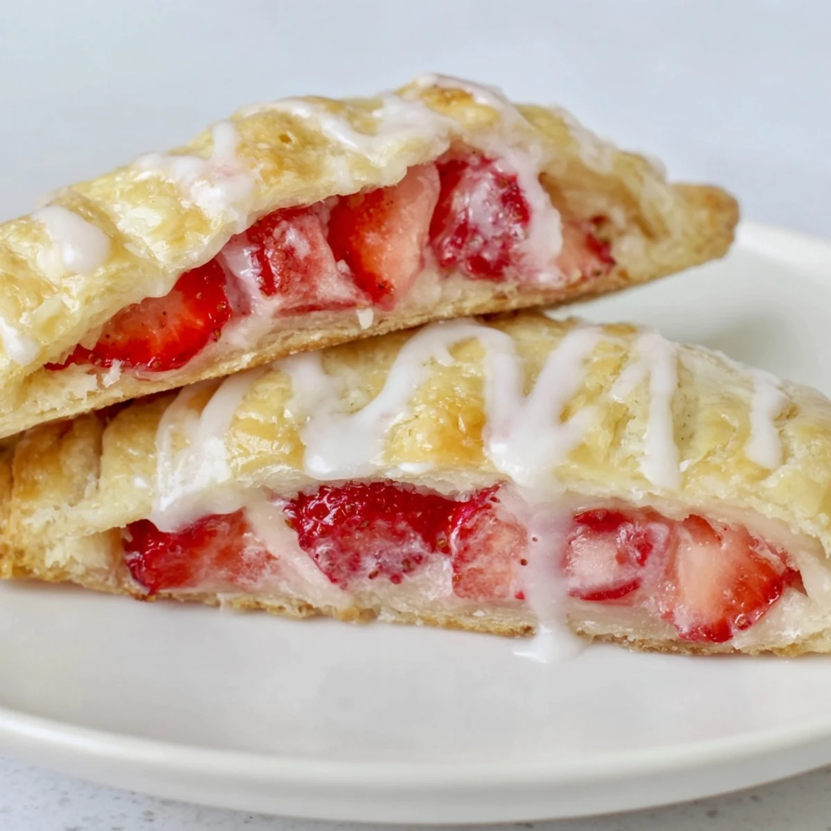 A close-up of Strawberry Hand Pies with Glaze shows flaky pastry oozing with fresh, juicy strawberry filling for a delightful dessert.