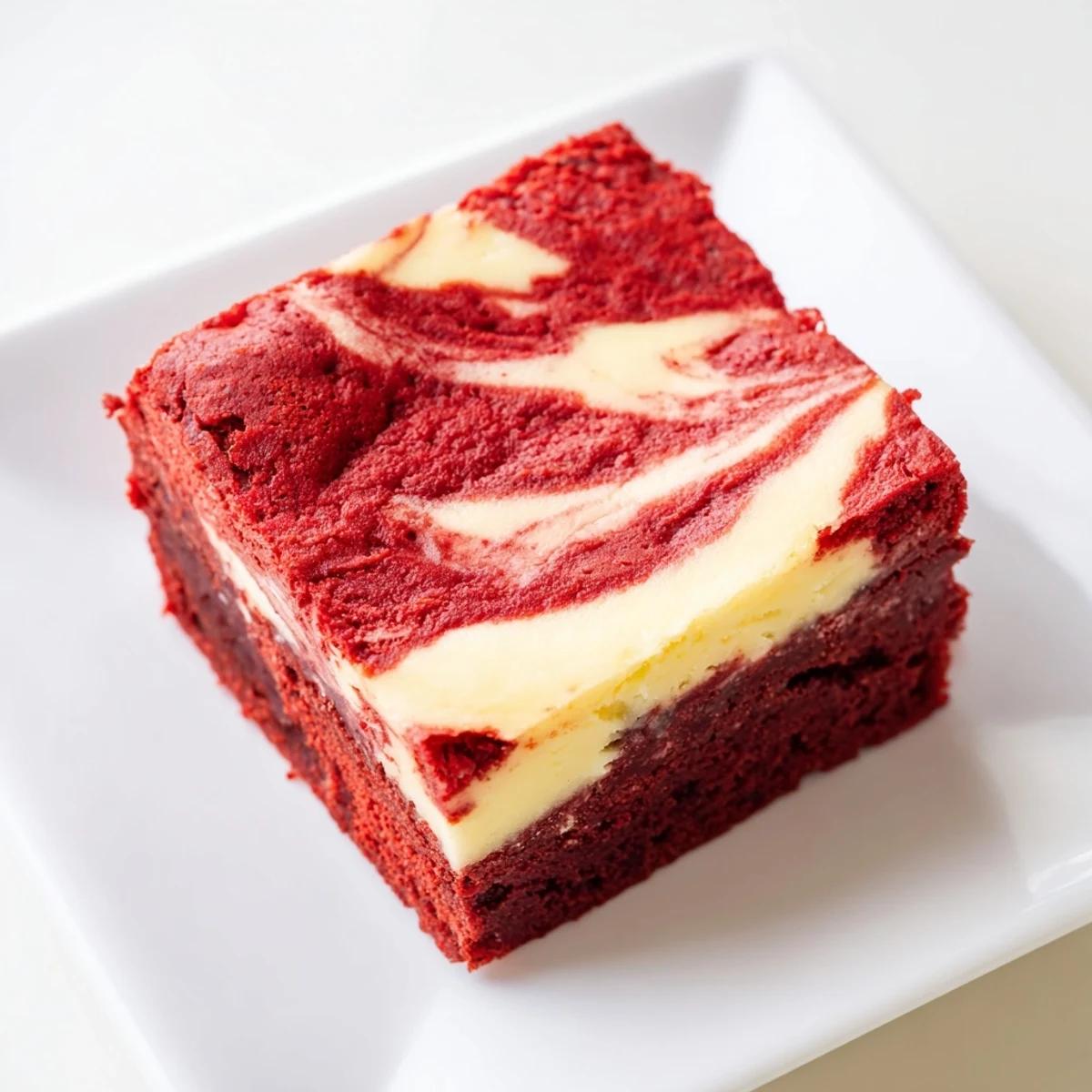 A close-up of Red Velvet Brownies with Cheesecake Swirl, showing a rich crimson crumb marbled with smooth, pale cheesecake filling on a cooling rack.
