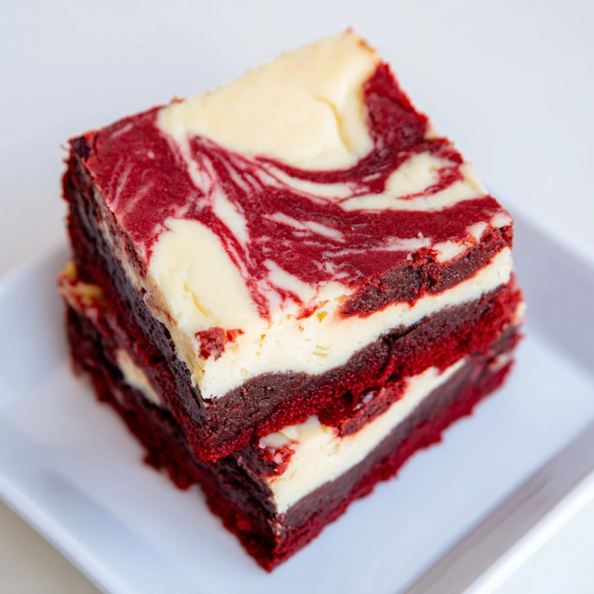 A platter of Red Velvet Brownies with Cheesecake Swirl, cut into neat squares and ready to serve with a light dusting of powdered sugar.