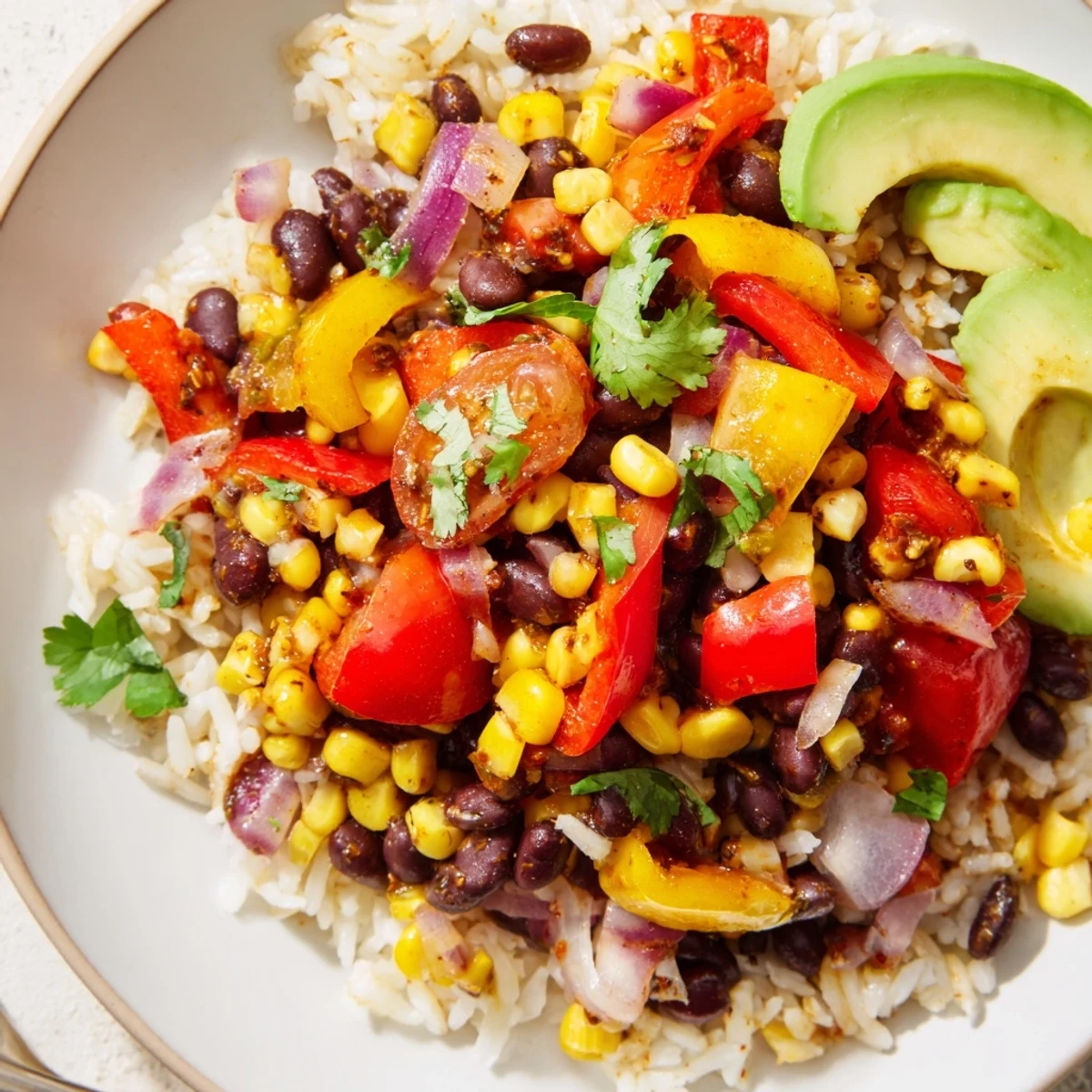 A fork lifting a bite of Cajun Spices Veggie Rice Bowl, showcasing sautéed vegetables and fluffy rice.