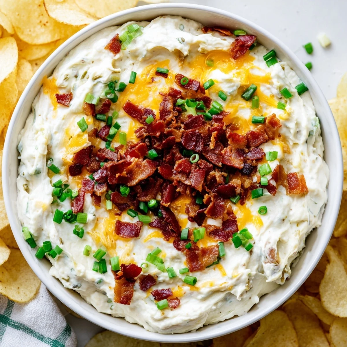 A bowl of Loaded Baked Potato Dip with shredded cheddar, green onions, and crispy bacon bits beside crunchy chips.