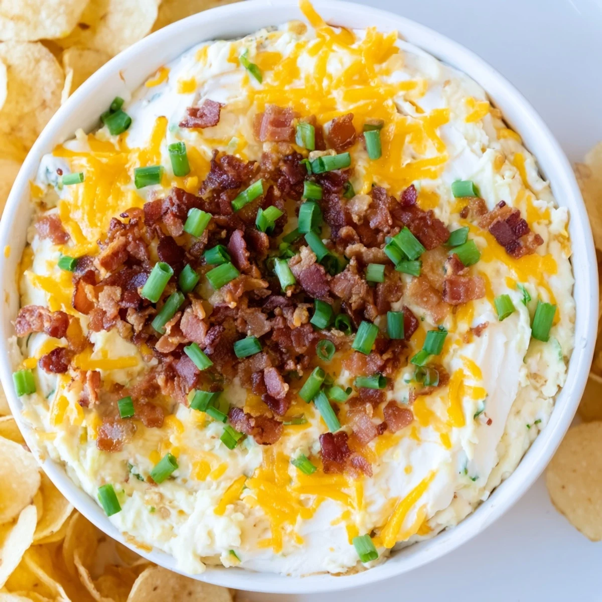 Party-ready Loaded Baked Potato Dip with a scoop on a potato chip, ideal for game day snacking and gatherings.
