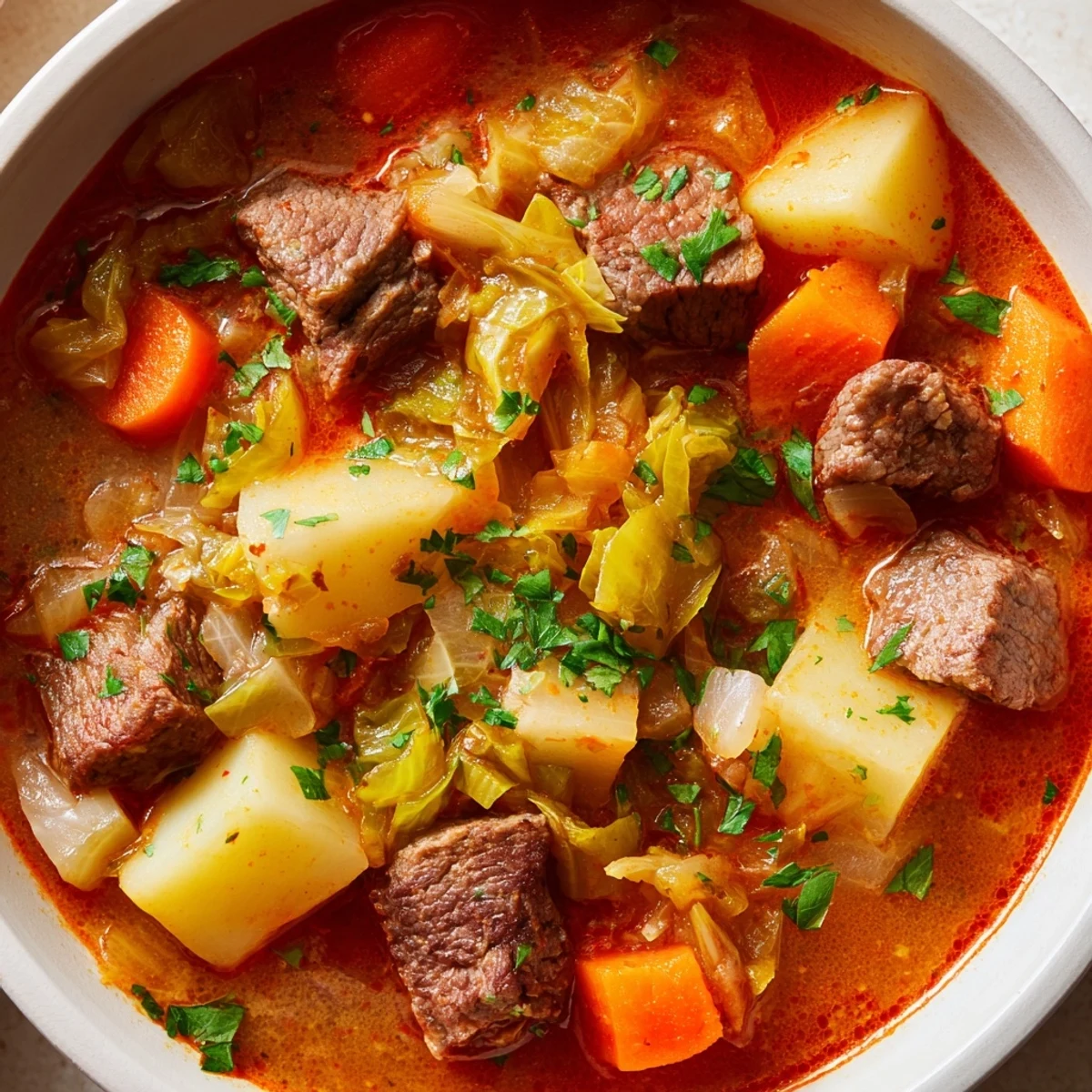 A close-up view of a rustic bowl of Cabbage and Beef Soup with Potatoes, garnished with fresh parsley, ready to be served hot.
