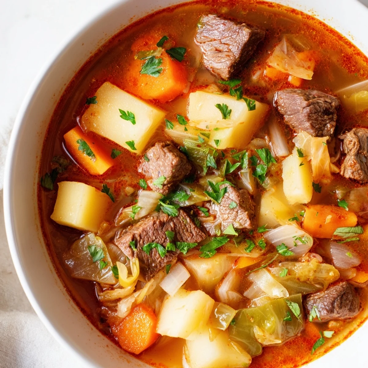 Simmering beef stew meat melds with tender cabbage and potatoes in this hearty Cabbage and Beef Soup with Potatoes, perfect for a chilly evening.