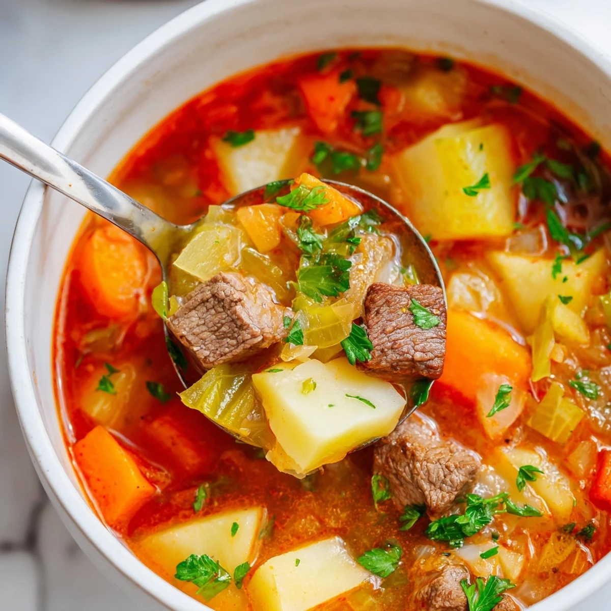 Chunky vegetables and savory broth define this comforting Cabbage and Beef Soup with Potatoes, a gluten-free main dish for family dinners.