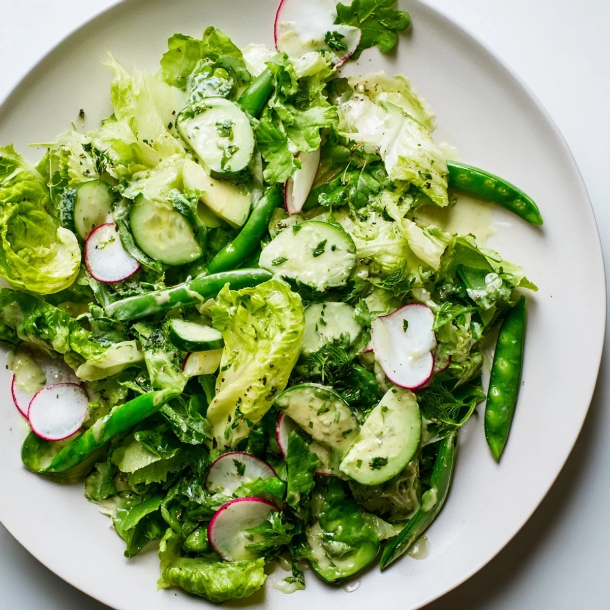 A vibrant Green Salad with Green Goddess Dressing tossed with cucumber, snap peas, and tangy radishes.  