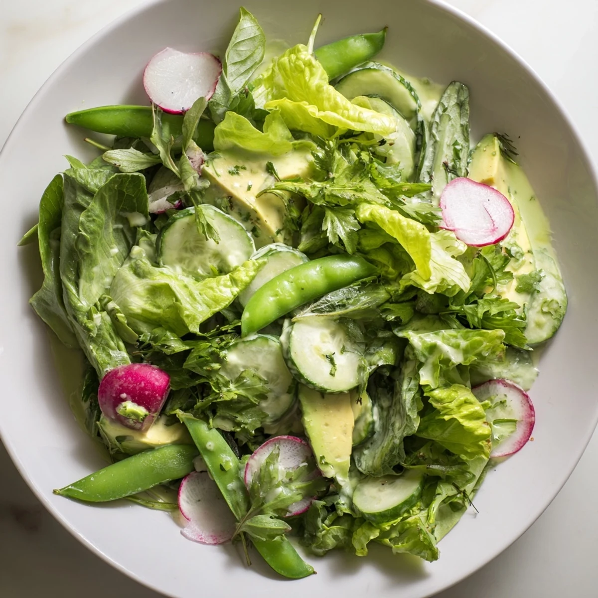 Colorful Green Salad with Green Goddess Dressing garnished with herbs, perfect for a light lunch or side.
