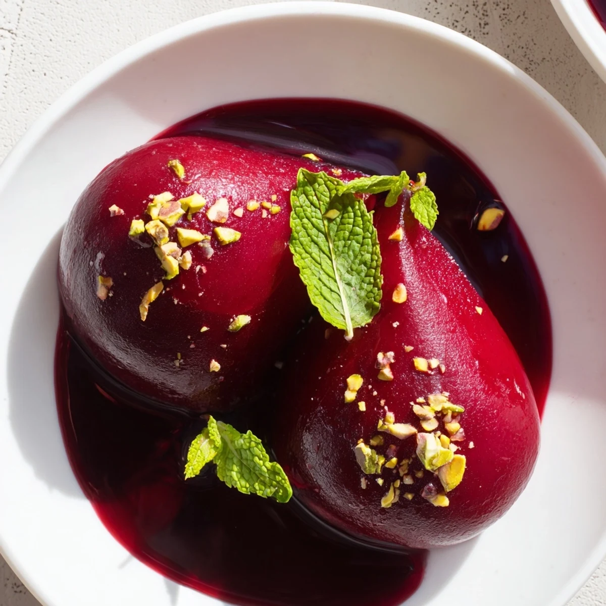 Ripe pear halves simmered in fragrant grape juice syrup with cinnamon and star anise, creating a tender, naturally sweet dessert.  