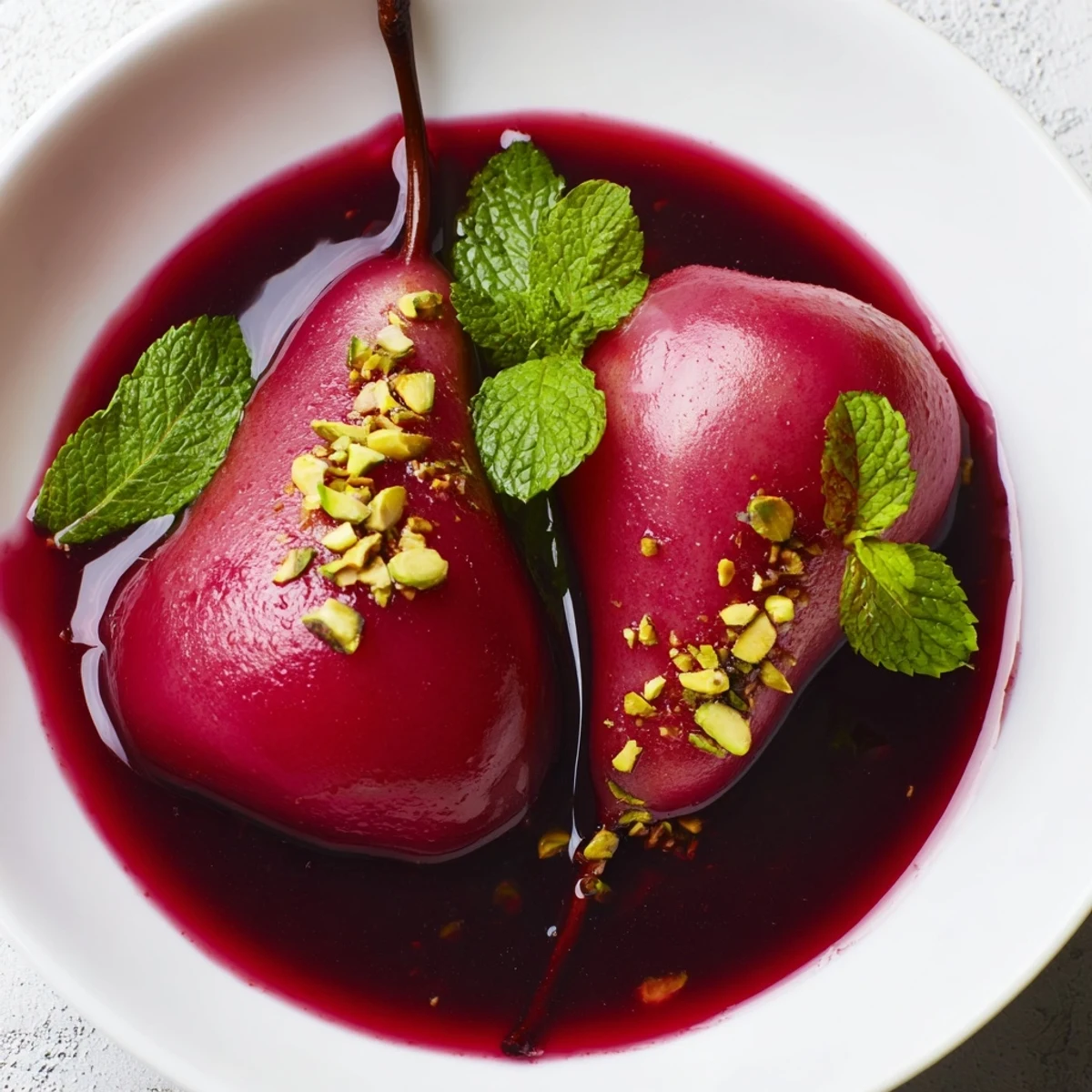 Gluten-free poached pears in grape juice syrup, elegantly plated with crushed pistachios and a hint of lemon zest.