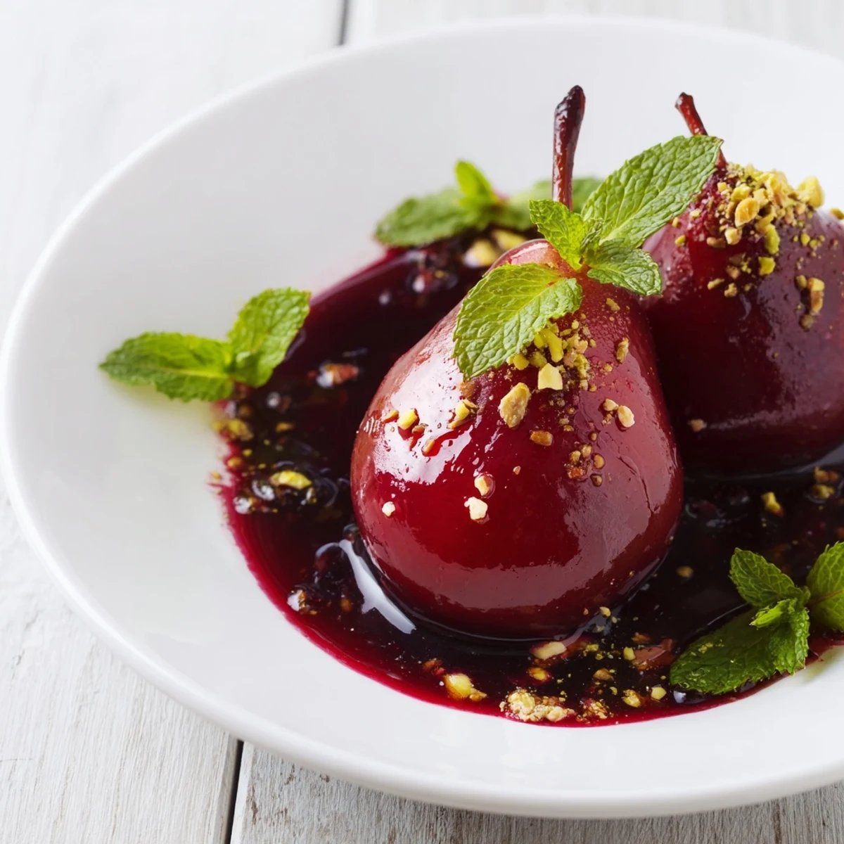 Poached pears in grape juice syrup served warm with a drizzle of reduced syrup and fresh mint garnish.  