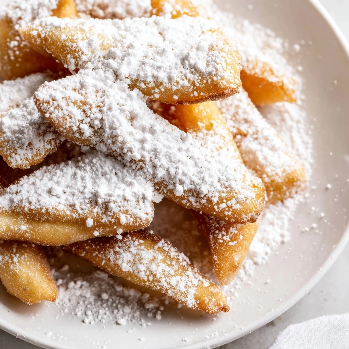 Golden-brown beignet fries, lightly dusted with powdered sugar, arranged on a rustic wooden serving board.  