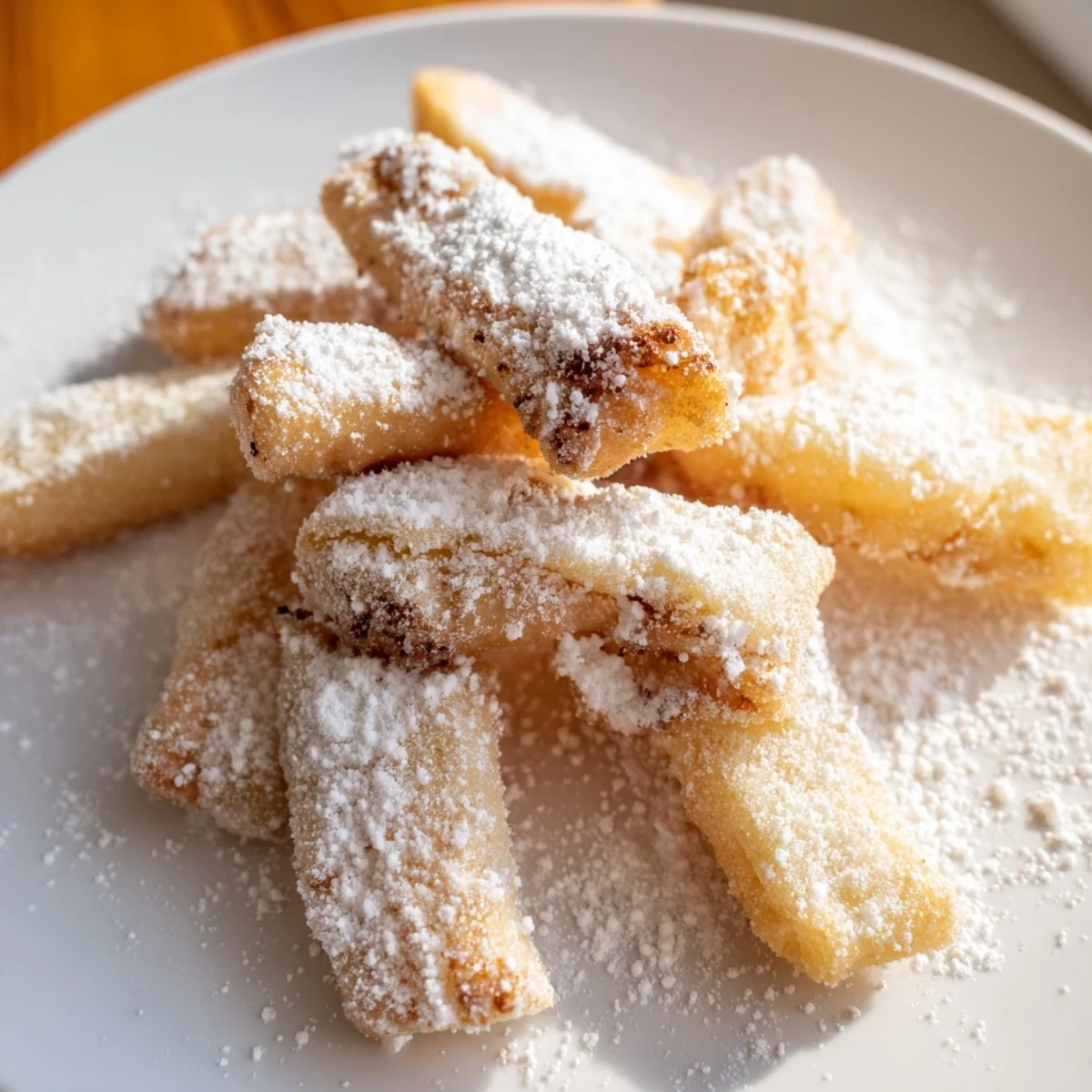 Warm, golden beignet fries with powdered sugar, served alongside a small dish of rich chocolate dipping sauce.