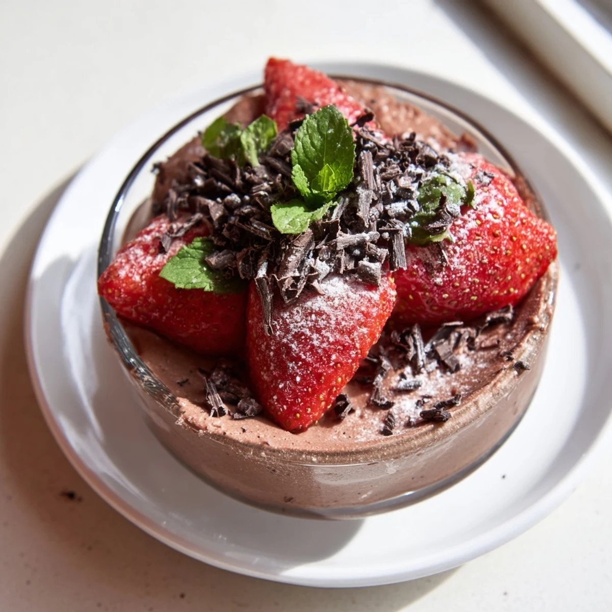 Creamy, chilled chocolate mousse in elegant glasses, topped with glossy red strawberries and fresh mint.  