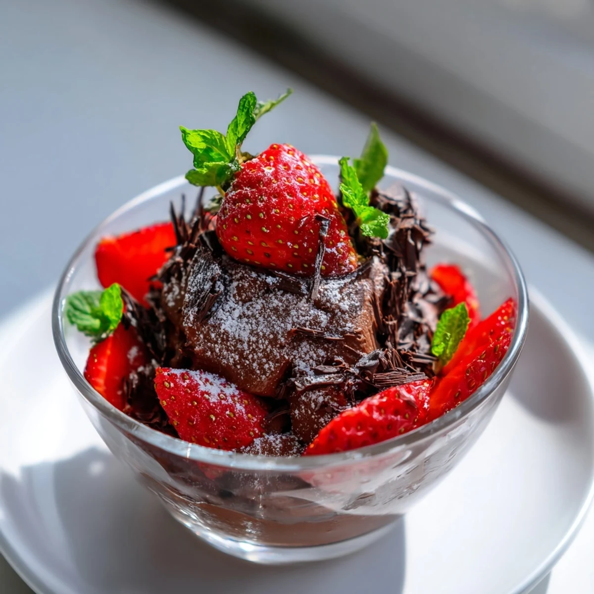 Silky chocolate mousse served with juicy strawberry halves and optional chocolate shavings for extra richness.