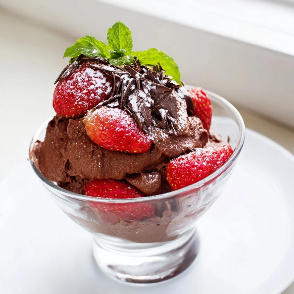 Decadent chocolate mousse with ripe strawberries garnished, ideal for a classic French-inspired dessert presentation.  