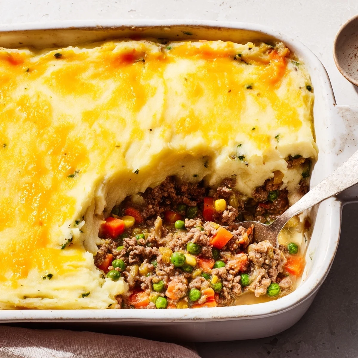 A golden-topped Beef Shepherds Pie with Cheddar Mash features creamy potatoes and savory beef filling.