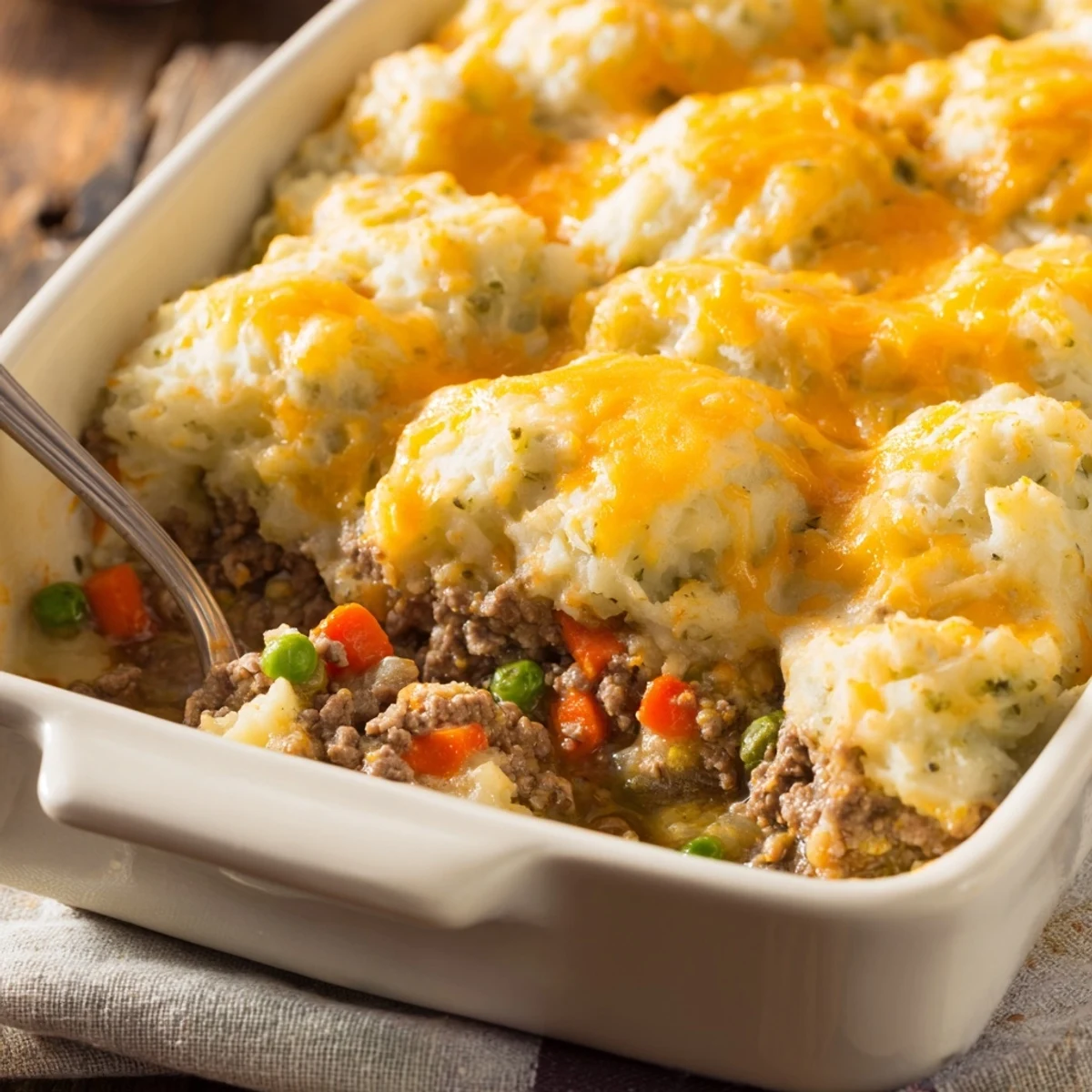 Golden Beef Shepherds Pie with Cheddar Mash bubbling from the oven, served in a rustic dish.