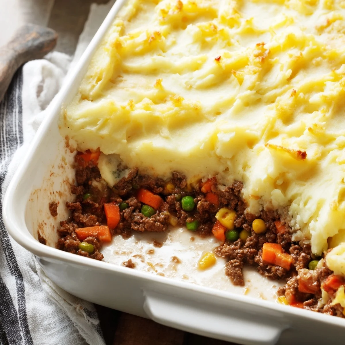 Spoonful of Beef Shepherds Pie with Cheddar Mash lifted high, showing the rich beef filling and melted cheese.