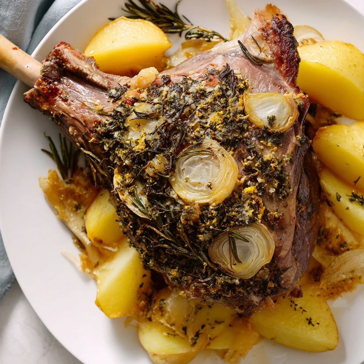 Golden roasted potatoes and caramelized onions surround a beautifully carved leg of lamb, drizzled with savory pan juices in a home kitchen.