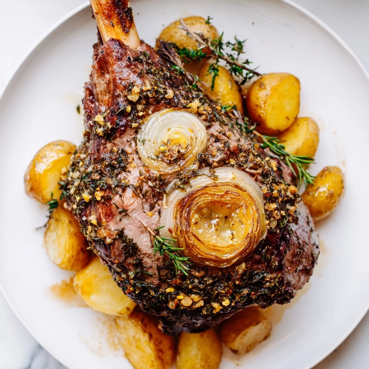 Slices of juicy rosemary and thyme-crusted lamb are served with waxy, golden potatoes, perfect for a gluten-free main dish spread.