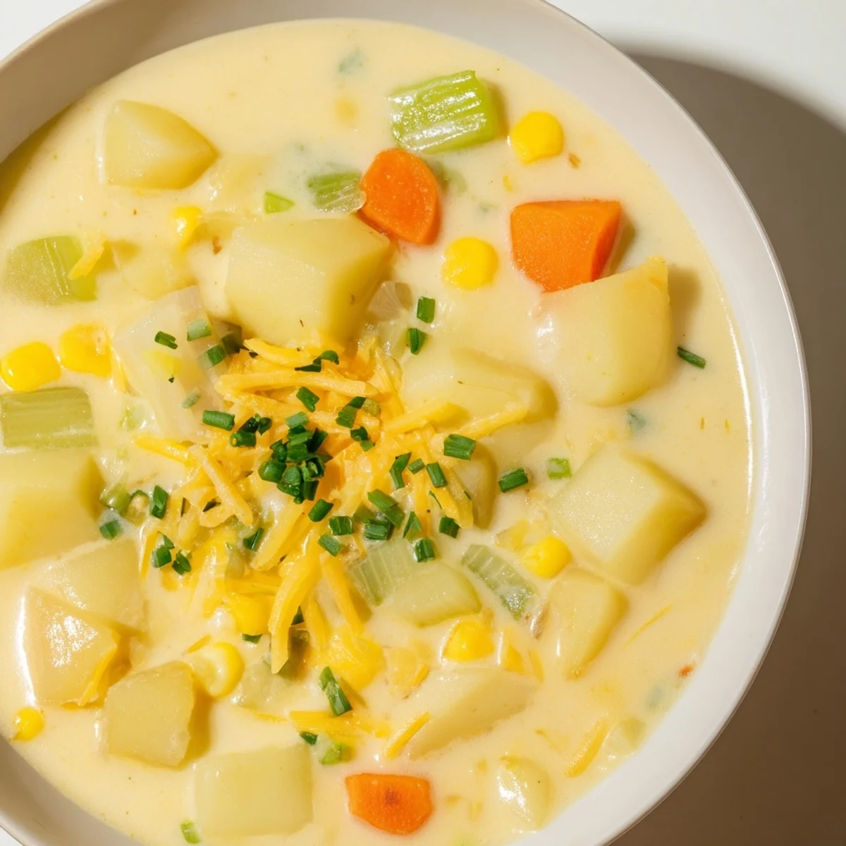 Creamy corn chowder with potatoes in a rustic bowl, garnished with fresh chives and shredded cheddar cheese for a comforting meal.
