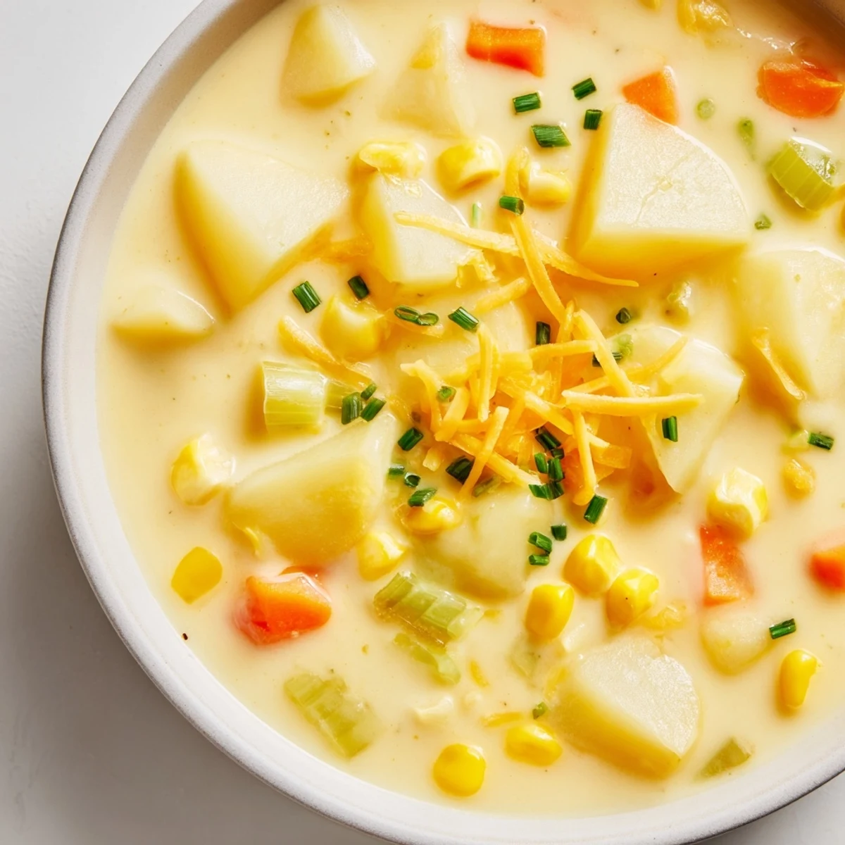 Vibrant sweet corn kernels and tender diced potatoes simmer in velvety chowder, served with a crusty bread side for dipping.