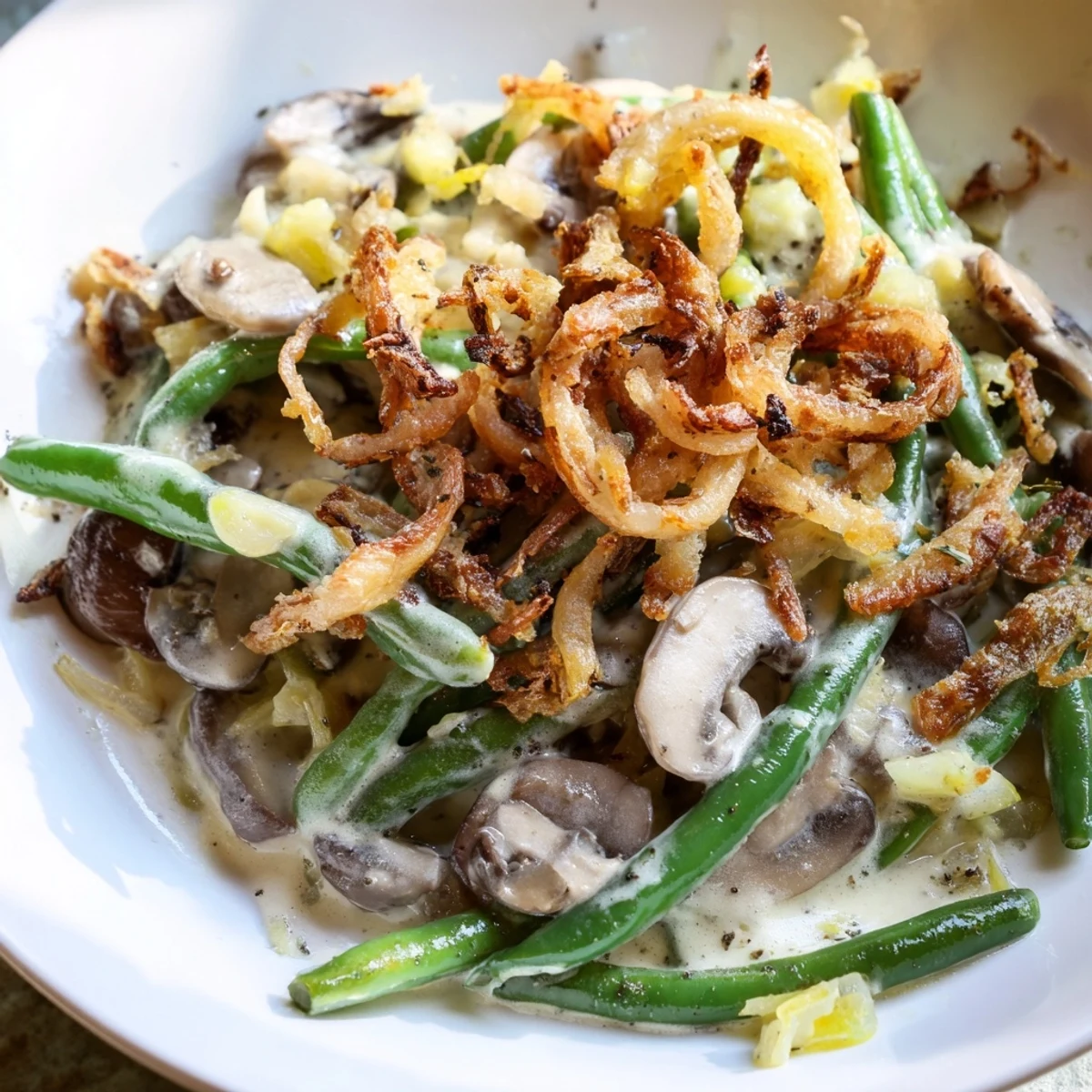 A close-up of golden, crispy fried onions topping a bubbling Green Bean Casserole, with tender green beans peeking through creamy mushroom sauce.