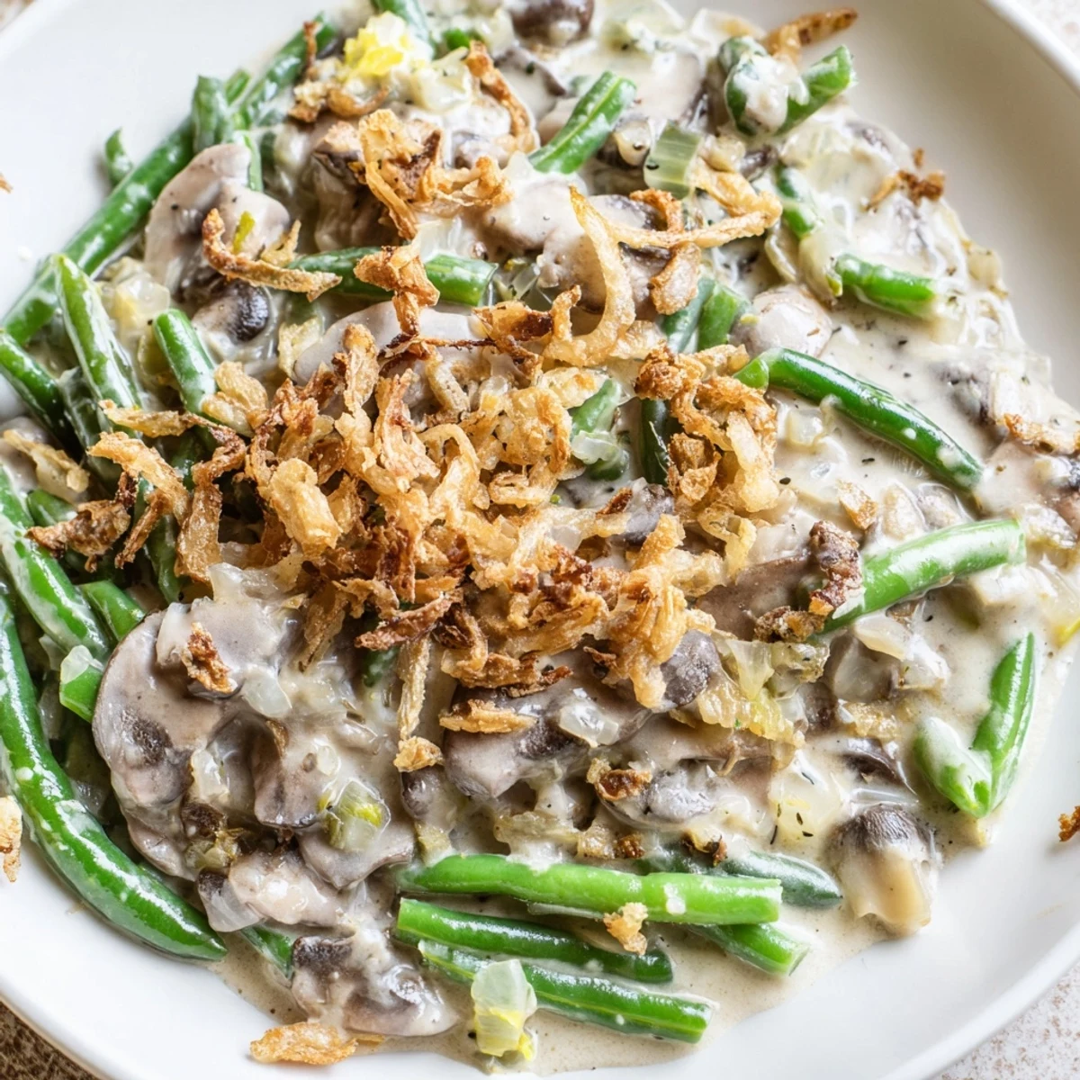 Homemade Green Bean Casserole with a golden-brown, crunchy onion topping, ready to be served at a cozy holiday dinner table.