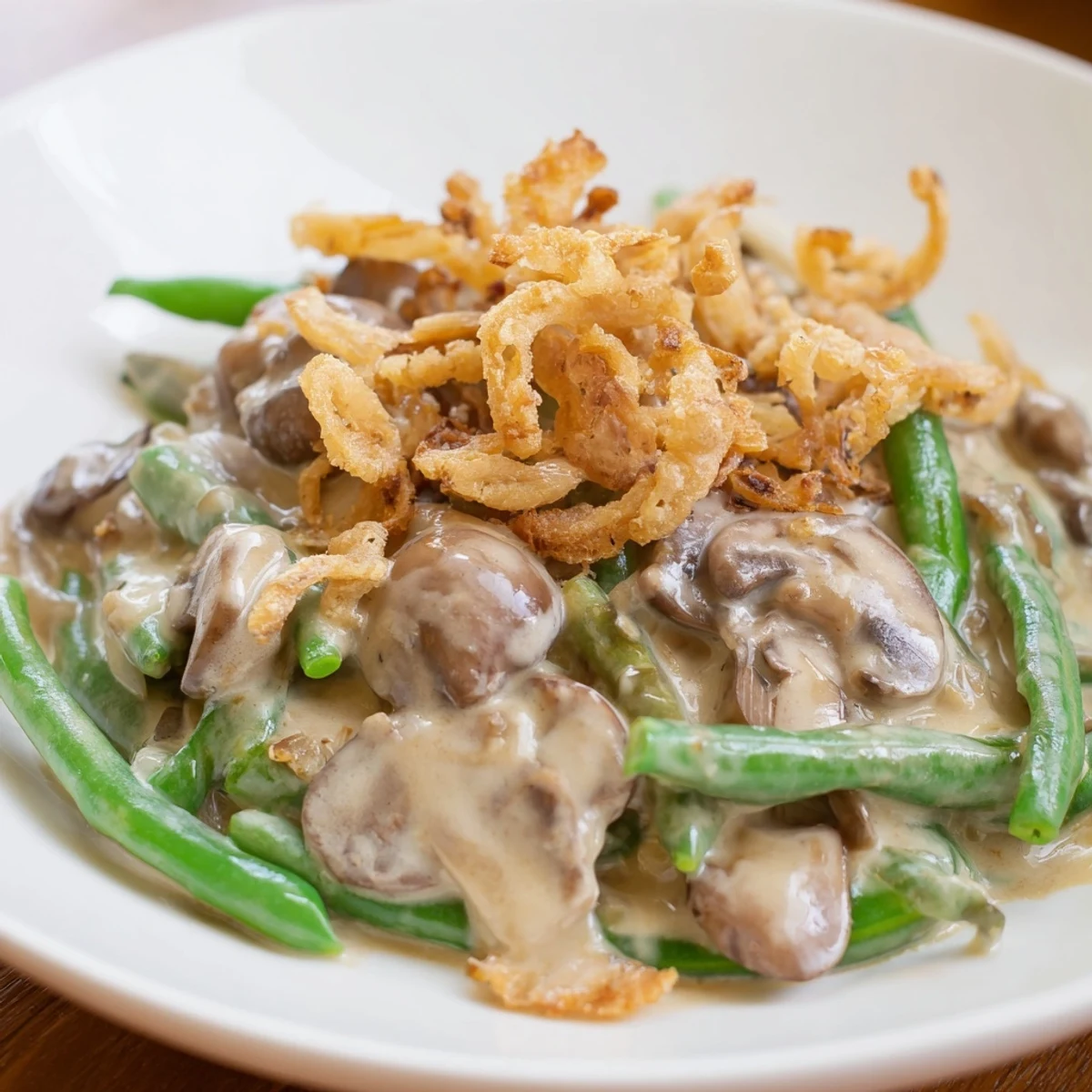 Freshly baked Green Bean Casserole served in a white dish, featuring crisp fried onions and a rich, creamy mushroom sauce coating the beans.