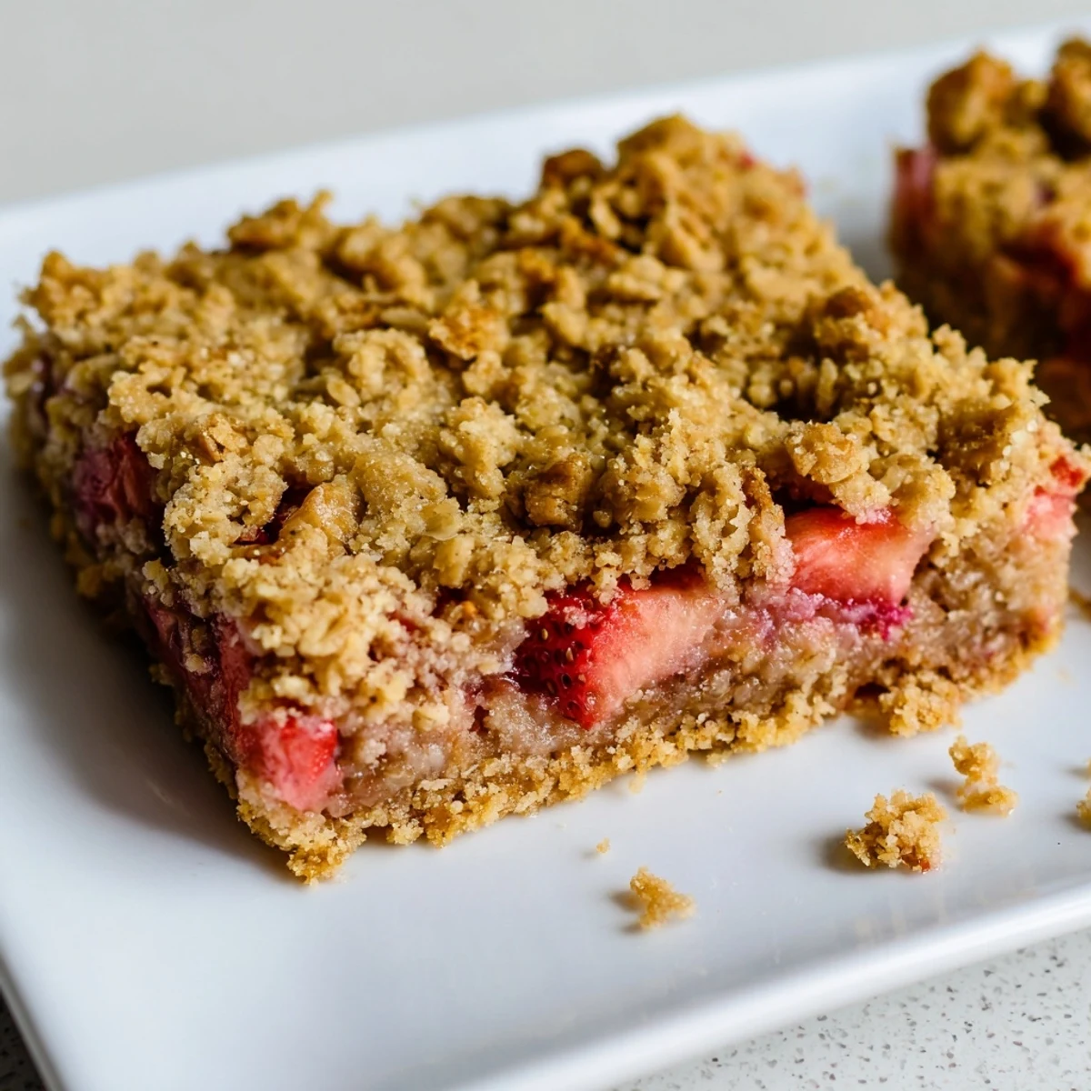 A square pan of Strawberry Rhubarb Crumble Bars with a golden, oat crumb topping and vibrant fruit filling bubbling up at the edges.