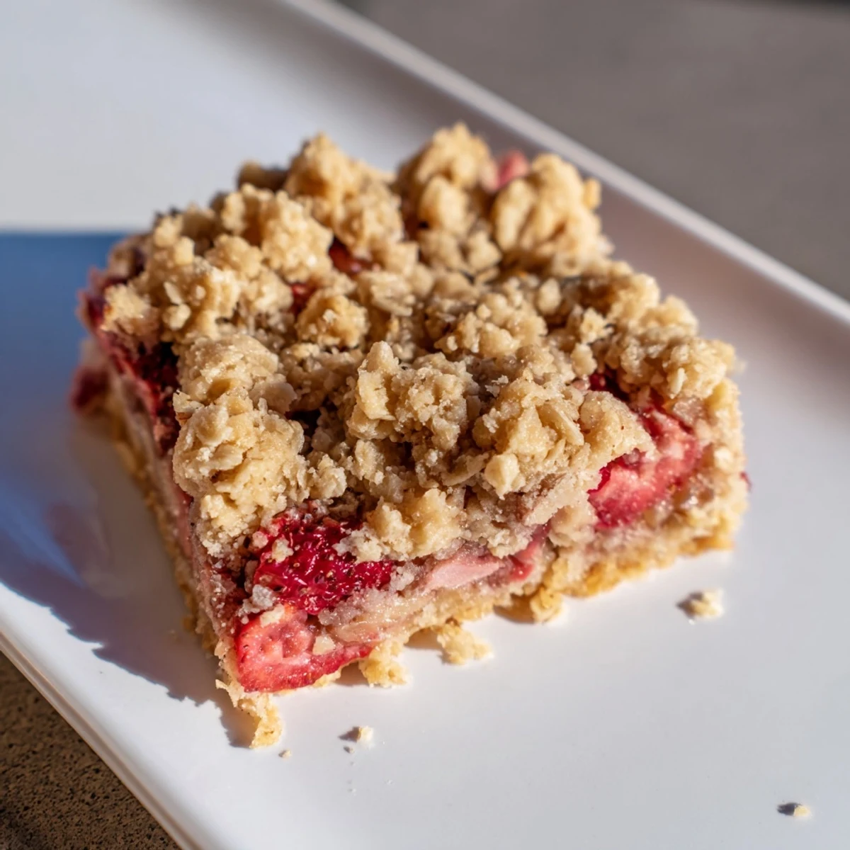 A close-up view of Strawberry Rhubarb Crumble Bars, showcasing the buttery oat crust and a sweet-tart strawberry and rhubarb layer.