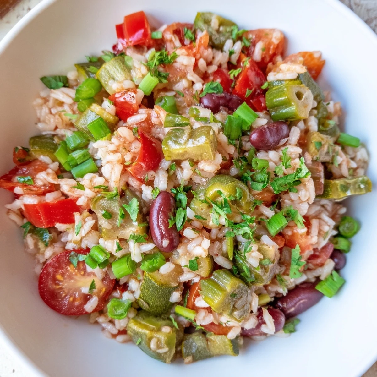 Spicy vegetarian jambalaya with diced zucchini and okra served in a ceramic bowl, capturing the hearty texture of this festive dish.
