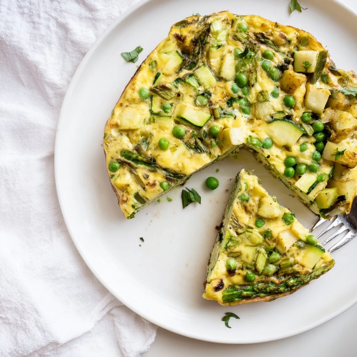 Freshly baked Spring Vegetable Frittata with Herbs in a cast-iron skillet, garnished with chives and dill for serving.