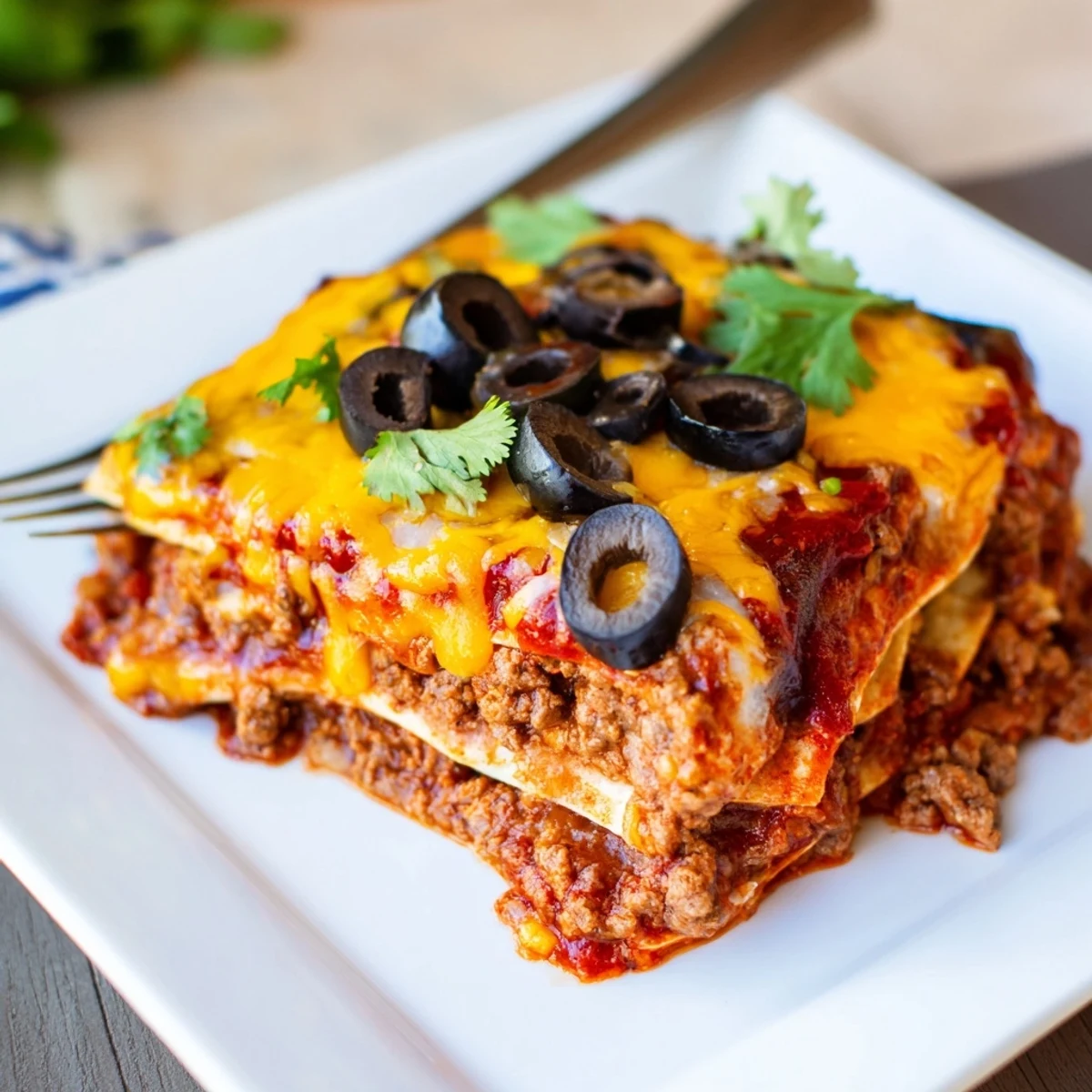 Golden melted cheese blankets a layered Beef Enchilada Casserole, revealing seasoned ground beef and soft tortillas soaked in red sauce.