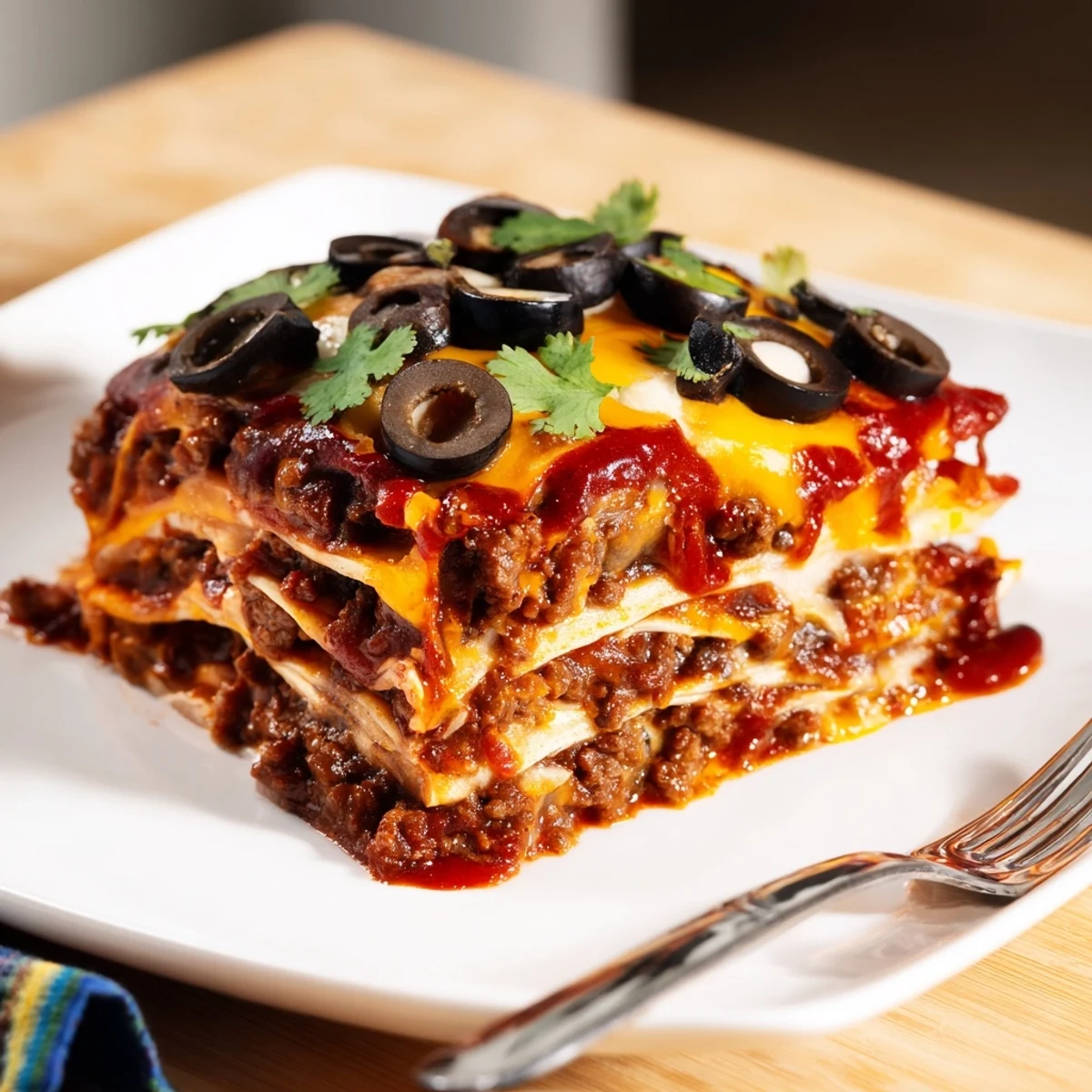 A slice of Beef Enchilada Casserole is lifted from the pan, showing steam rising from the bubbly cheddar and Monterey Jack topping.