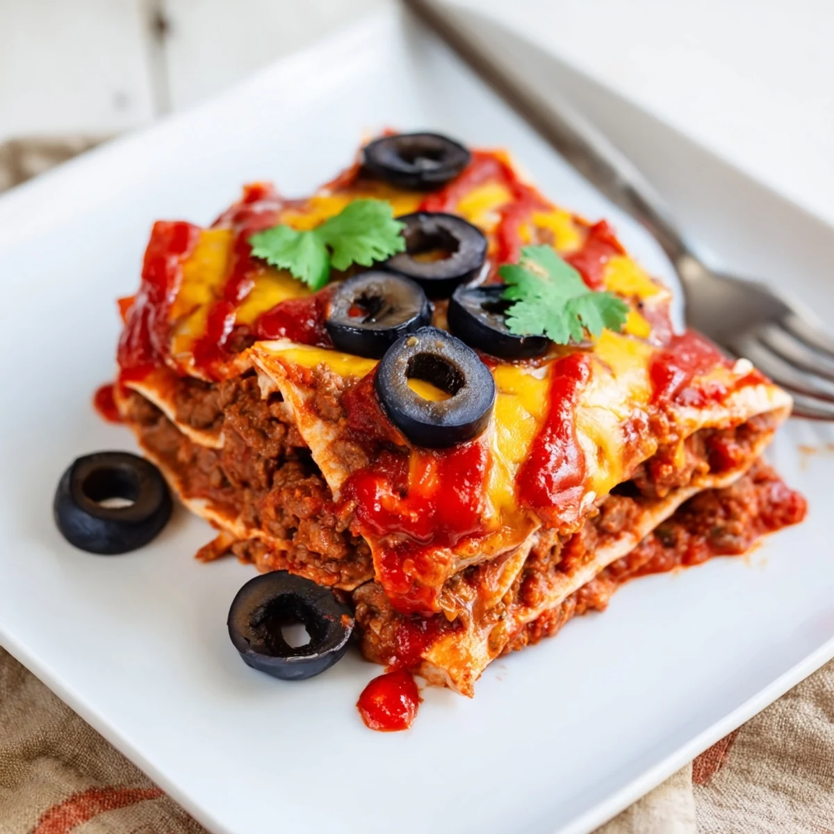 Fresh cilantro garnishes this hearty Beef Enchilada Casserole, served alongside a dollop of cool sour cream for a classic Tex-Mex finish.