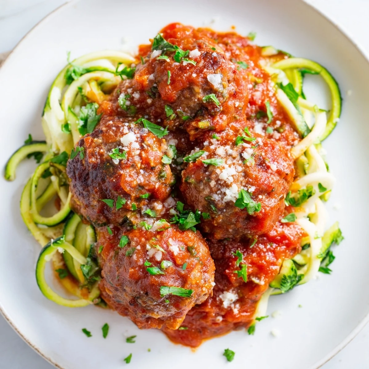 Golden-brown turkey meatballs nestled on a bed of fresh zucchini noodles, smothered in a rich and savory tomato sauce.